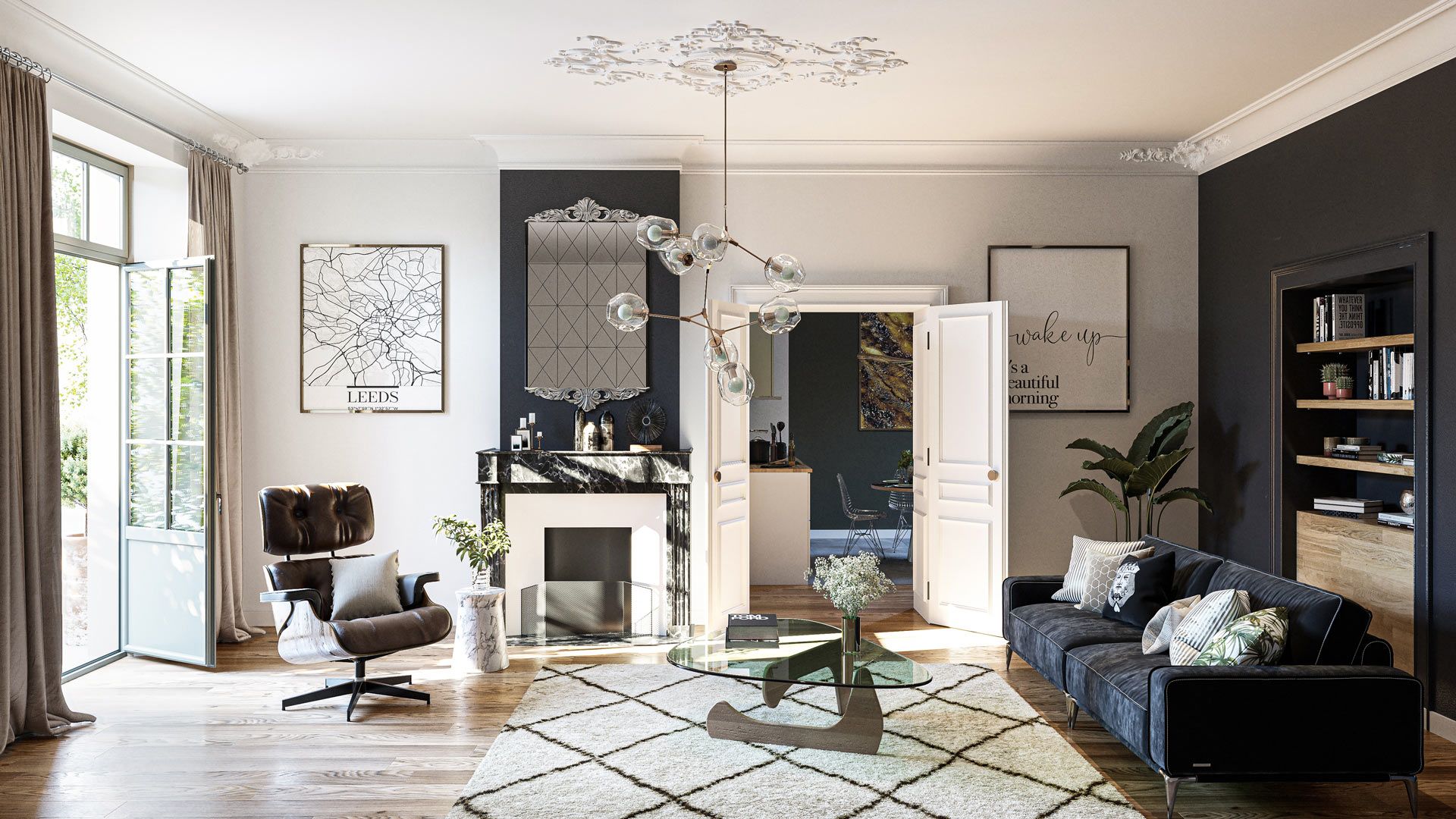 Salon moderne avec murs peints en gris foncé, cheminée blanche, mobilier contemporain et grandes fenêtres.