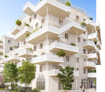 Immeuble résidentiel moderne blanc avec balcons en escalier et verdure au rez-de-chaussée.