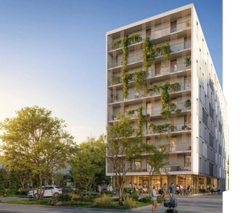 Immeuble résidentiel moderne avec façade végétalisée et balcons, entouré d'arbres.