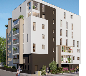 Immeuble résidentiel moderne de cinq étages, façade mixte beige et marron, entouré de verdure et arbres.