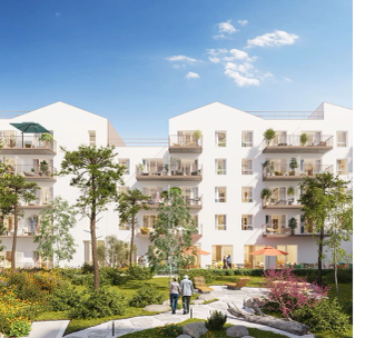 Complexe résidentiel moderne avec bâtiments blancs, espaces verts et arbres, sous ciel dégagé.