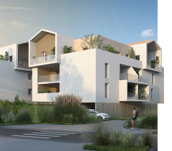 Immeuble blanc moderne avec façades géométriques et terrasses, bordé de végétation, en fin d'après-midi.