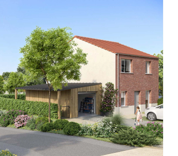 Maison de campagne en brique avec jardin paysager et allée pavée par temps ensoleillé.