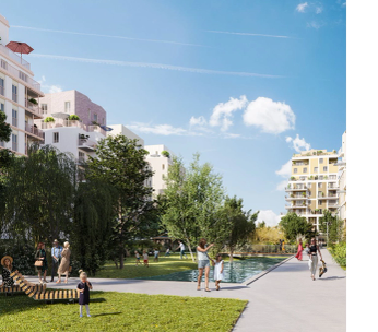 Allée ensoleillée bordée d'immeubles résidentiels et d'arbres verts, avec pelouse et bancs publics.