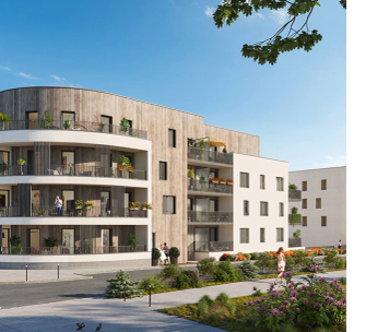 Immeuble d'habitation moderne avec façade beige, balcons arrondis et terrasses verdoyantes sous ciel dégagé.