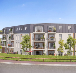 Immeuble résidentiel moderne aux façades courbes avec balcons, entouré de verdure et d'une piste cyclable.