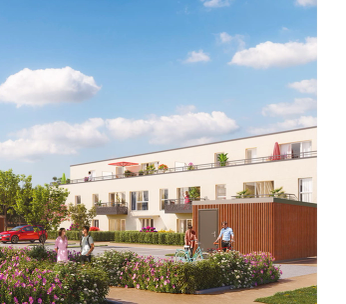 Immeuble résidentiel moderne avec façade beige et détails bruns, entouré de végétation verdoyante sous un ciel dégagé.