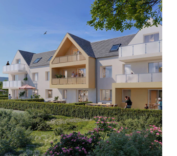 Maison moderne blanche et jaune avec jardins paysagers sous ciel bleu dégagé.