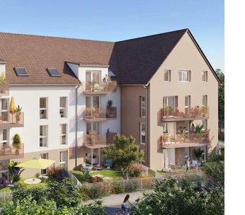 Immeuble résidentiel moderne de quatre étages avec façade beige et toits en tuiles rouges, entouré de verdure.