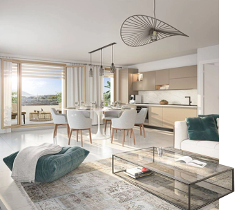 Studio moderne avec lit, coin cuisine et grandes fenêtres donnant sur la ville