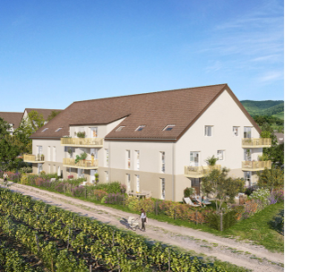 Maison rurale blanche avec toit marron, entourée de vignobles vallonnés sous ciel bleu.