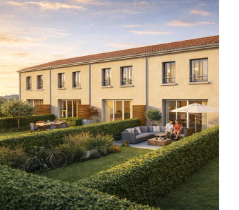 Maisons mitoyennes modernes avec façade beige, jardins paysagés et terrasses éclairées au coucher du soleil.