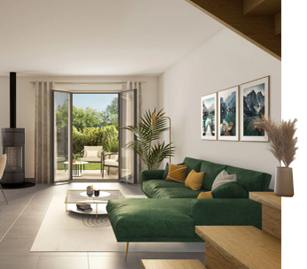 Salon moderne avec canapé vert, table basse, baies vitrées et mobilier minimaliste.