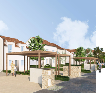 Maison moderne aux façades blanches et bois avec terrasse pavée, entourée de végétation.