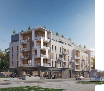 Ensemble architectural urbain avec immeuble haussmannien et bâtiment moderne blanc sous ciel dégagé.