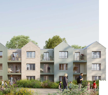 Immeuble résidentiel moderne à plusieurs étages avec façades colorées et espaces verts en première ligne.