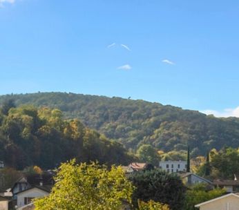 Vue panoramique d'un village de montagne avec maisons dispersées parmi les arbres verts, sous un ciel dégagé.