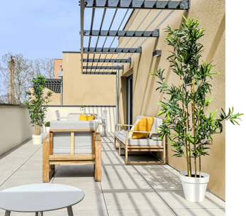 Terrasse moderne avec mobilier bois, pergola et plantes en pot sous ciel bleu.