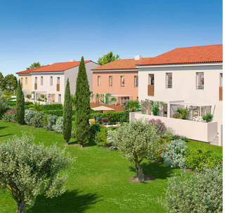 Maison provençale aux murs ocre avec toit tuiles rouges, jardin verdoyant et glycine en fleur.