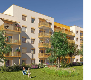 Immeuble résidentiel moderne de quatre étages, façade beige avec balcons, entouré d'arbres et d'espaces verts.