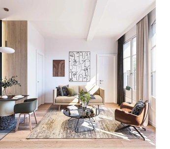 Salon lumineux avec mobilier contemporain, baies vitrées et décoration minimaliste.