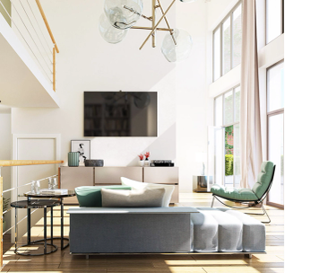 Salon moderne lumineux avec cuisine ouverte, canapé gris et télévision murale.