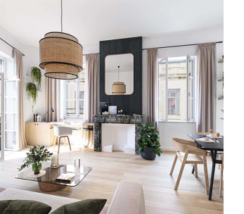 Intérieur lumineux avec cuisine blanche, table à manger en bois, suspension en rotin et porte-fenêtre donnant sur un jardin.