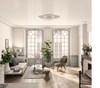 Salon lumineux avec portes-fenêtres, mobilier moderne, plantes vertes et décoration minimaliste.