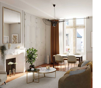 Studio moderne avec coin chambre, mobilier minimaliste, plantes vertes et grande fenêtre lumineuse.