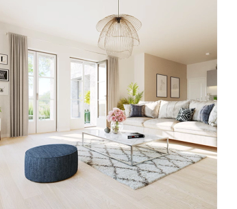 Salon lumineux avec canapé gris, poufs bleus, tapis géométrique et portes vitrées donnant sur l'extérieur.