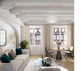 Salon lumineux avec canapé gris, portes-fenêtres beiges, plantes vertes et cheminée moderne.