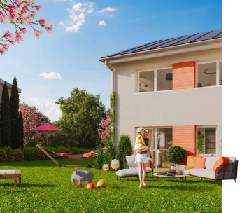 Maison de campagne avec terrasse, jardin fleuri et mobilier de détente sous un ciel bleu dégagé.