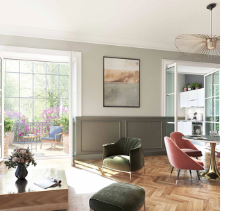 Salon lumineux avec baies vitrées, canapé gris, fauteuils roses et parquet clair.