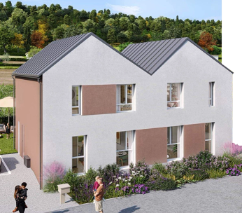 Maison individuelle rose et blanche avec garage, entourée de végétation et d'arbres.