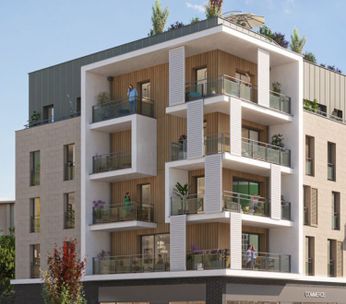 Perspective architecturale d'immeubles haussmanniens modernes avec façades claires, arbres et place publique ensoleillée.