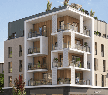 Perspective architecturale d'un ensemble immobilier moderne avec bâtiments haussmanniens et contemporains autour d'une place arborée.