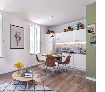 Studio moderne avec coin salon, cuisine ouverte et mobilier scandinave épuré.