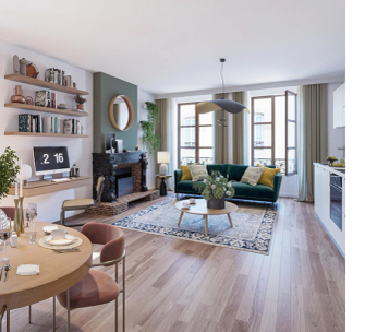 Salon lumineux avec mobilier bois, murs gris, bibliothèques intégrées et portes-fenêtres donnant sur jardin.