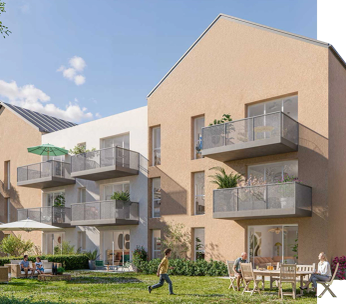 Ensemble résidentiel moderne avec bâtiments jaunes pâles, balcons, espaces verts et résidents dans la cour.