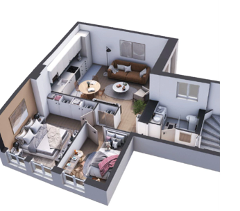Plan 3D d'un appartement de deux chambres avec cuisine ouverte et salle de bain.
