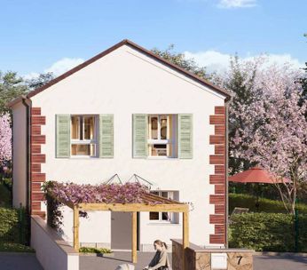 Rangée de maisons résidentielles modernes avec façades beige et rouge, alignées le long d'une rue sous un ciel dégagé.