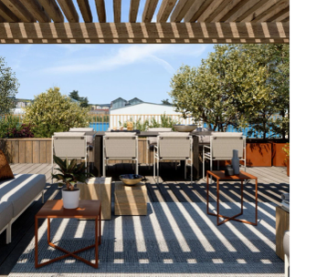 Terrasse couverte d'une pergola avec mobilier de jardin et vue sur piscine et arbres.