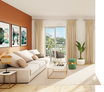 Salon lumineux avec baies vitrées donnant sur la ville, canapé beige, plantes vertes et mobilier bois clair.