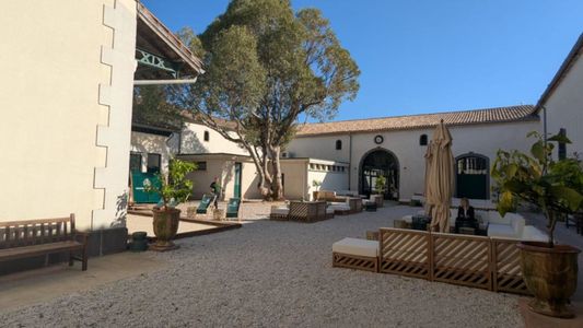 Cour pavée ensoleillée avec bâtiments beige, arbre et banc en bois.