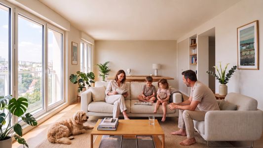 Famille de quatre personnes assise sur un canapé beige dans un salon lumineux avec grandes fenêtres.