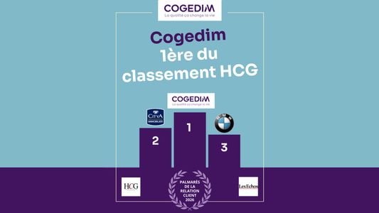 Boîtes de produits Cogedim pour le classement HQE sur fond bleu et violet.