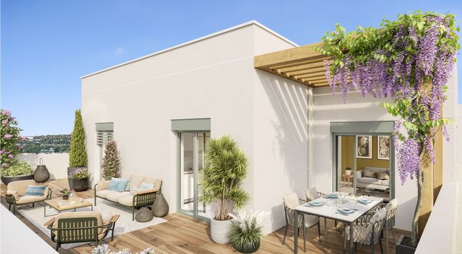 Maison blanche méditerranéenne avec terrasse, vignes grimpantes violettes et mobilier de jardin.
