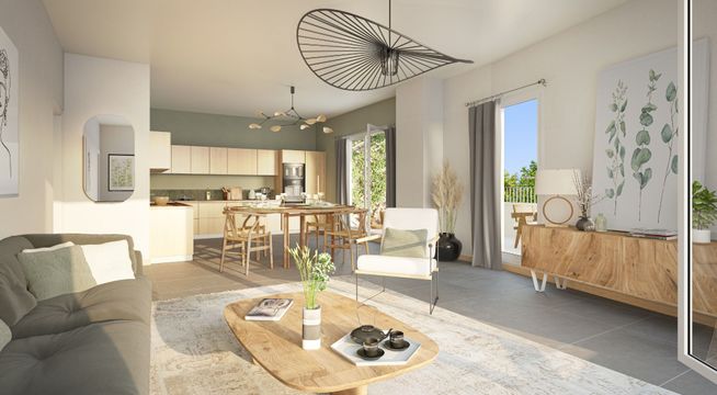 Salon moderne et lumineux avec mobilier bois clair, canapé gris et vue sur cuisine ouverte.