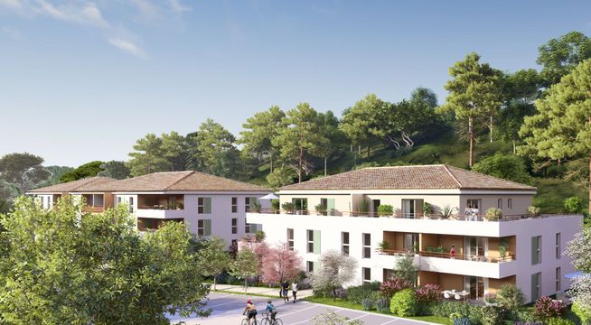 Immeuble résidentiel moderne aux façades pastel blanc et mauve, entouré de verdure et d'arbres.