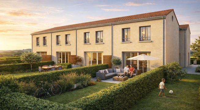 Maison moderne aux façades beiges avec jardin paysagé et terrasse, au coucher de soleil.